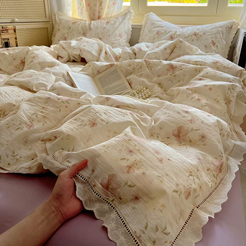 Floral Lace Trim Cotton Bedding Set Creative Femininity