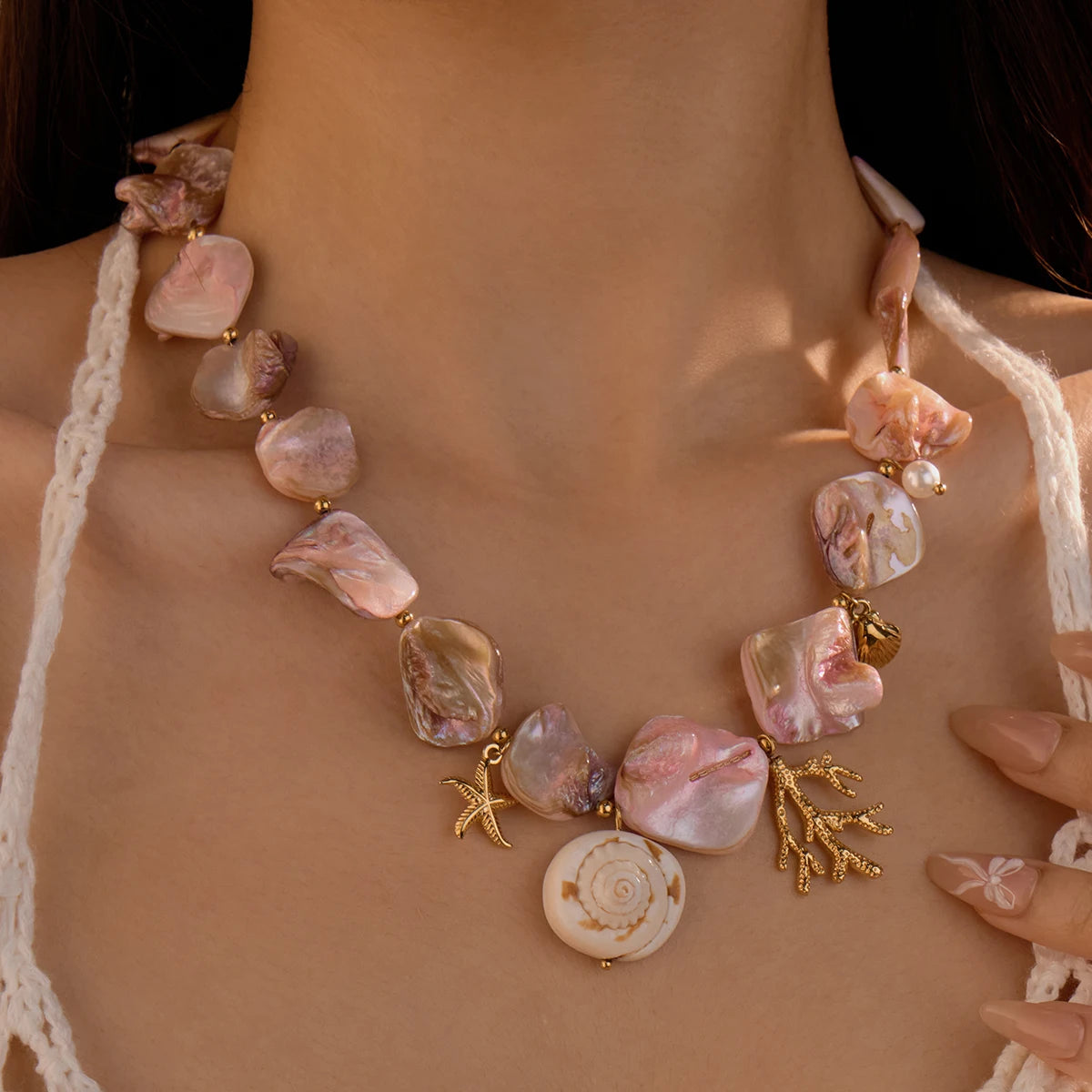 Pink & Gold Conch Shell Necklace Set