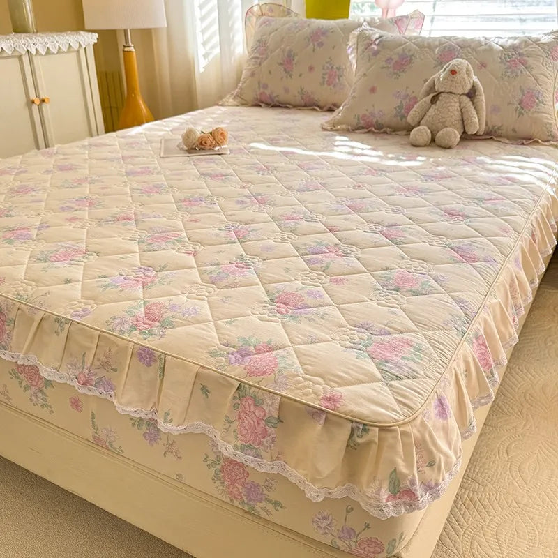 Quilted Floral Fitted Bed Sheet With Ruffle Edge - All Colours Creative Femininity