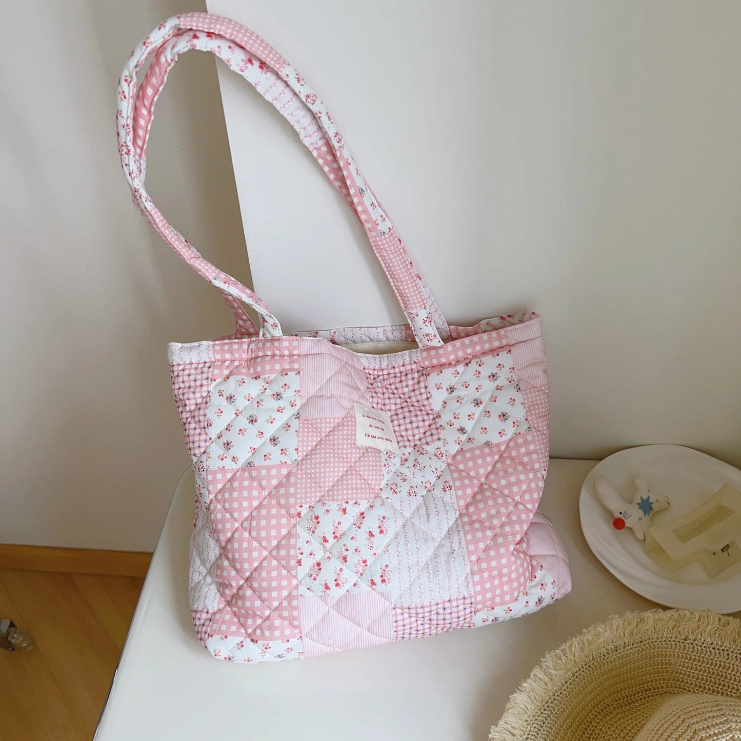 Pink Patchwork Quilted Tote Bag