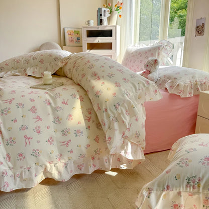 White Ruffle Duvet Cover With Pink Bows