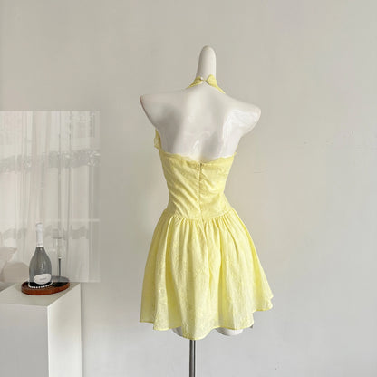 Yellow Lace Halter Mini Sundress