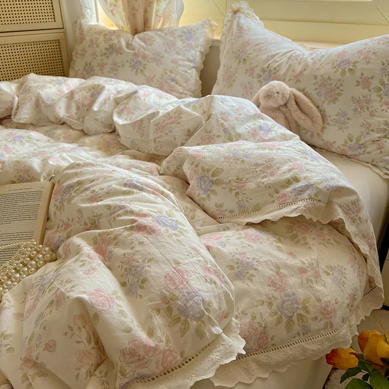 Floral Lace Trim Cotton Bedding Set Creative Femininity