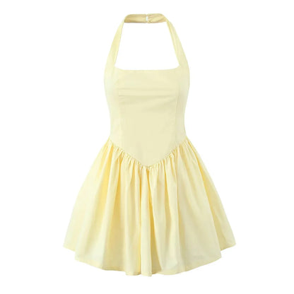 Lemon Halter Mini Sundress - Yellow/White/Black