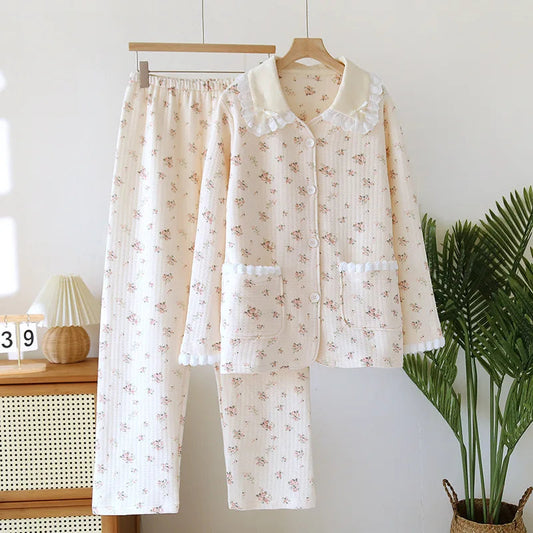 Air Cotton Home Set Female Nighties For Womens Pajama Sets Thicken Keep Warm Long Sleeve Floral Pajamas 2 Pieces Woman Creative Femininity