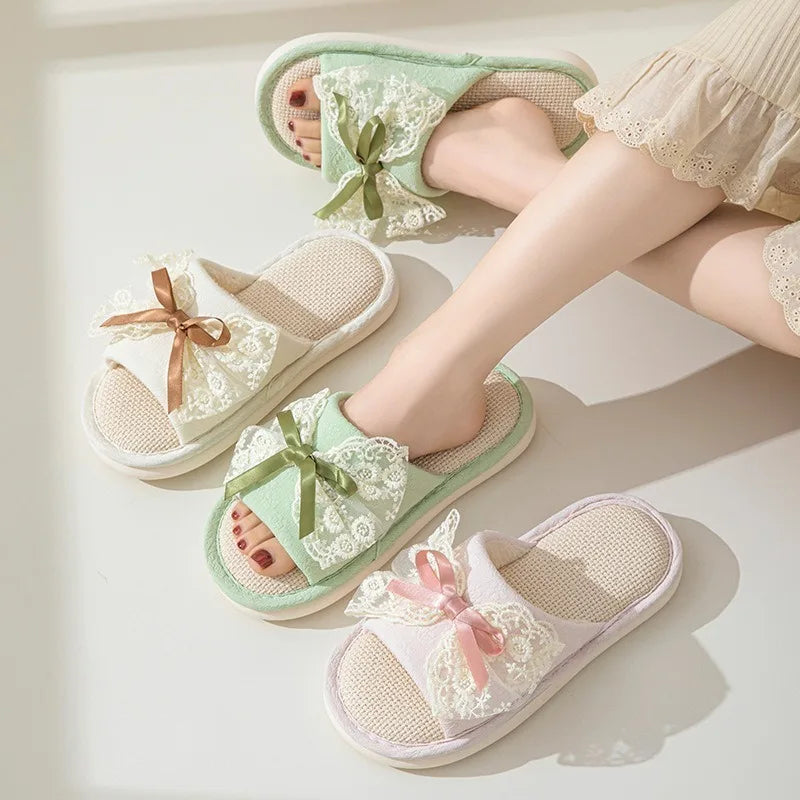 Lace Bow Slider Slippers