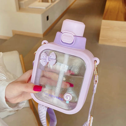 Kawaii Water Bottle With Straw & Strap Creative Femininity