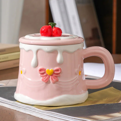 Hand Painted Cherry Cake Ceramic Cup with Lid
