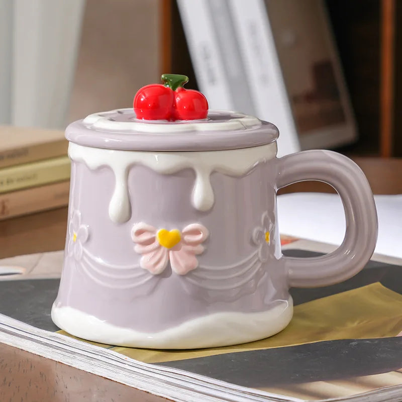 Hand Painted Cherry Cake Ceramic Cup with Lid