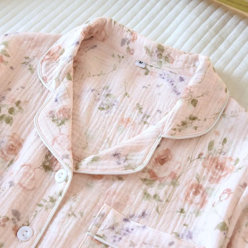 2026 New Women's Spring and Autumn Pajama Set 100% Cotton Crape Cloth Flower Collar Long Sleeve Two Piece Set Large Home Clothes Creative Femininity