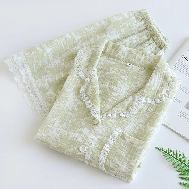 green leaf pjs with white lace scallop trim 