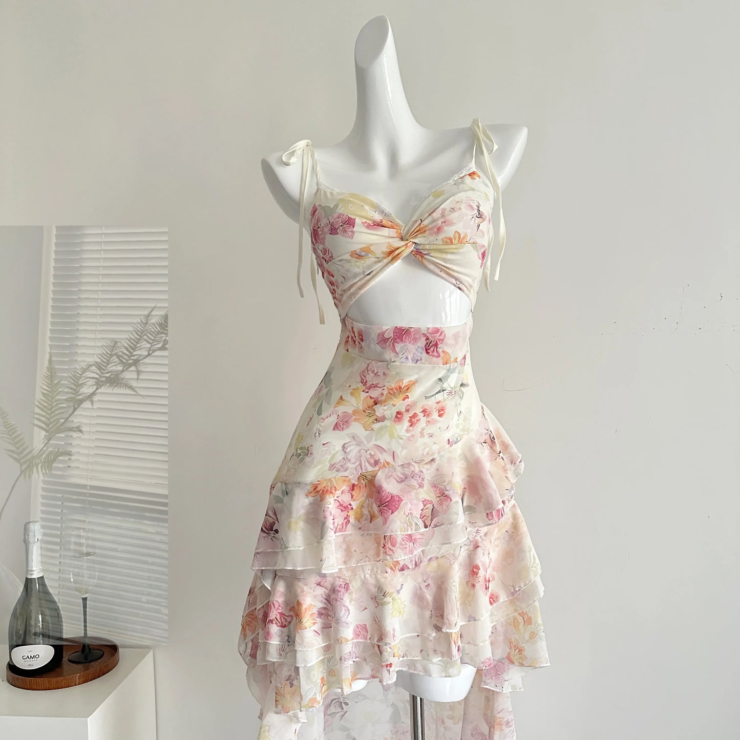 Floral Cut Out Cami Dress With Ruffles