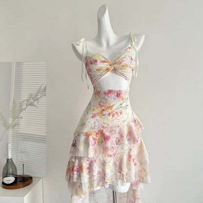 Floral Cut Out Cami Dress With Ruffles