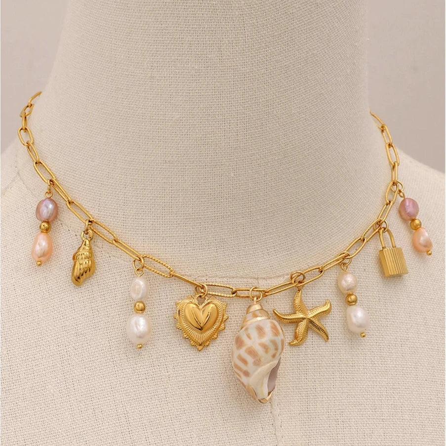 Gold Charm & Pearl Necklace