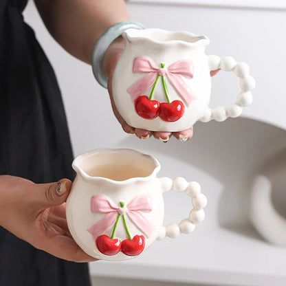 Pink Cherry Bow Ceramic Mug Creative Femininity