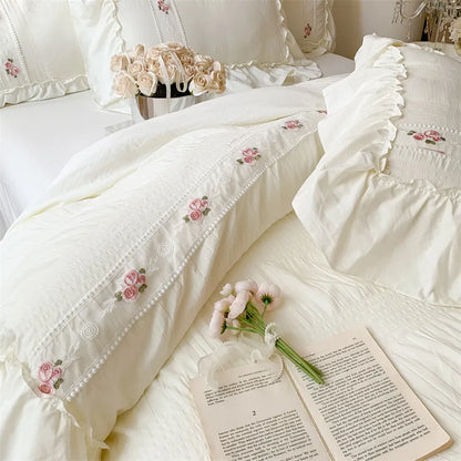 Pink Floral Embroidery Lace Ruched Bed Set