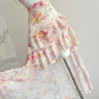 Floral Cut Out Cami Dress With Ruffles