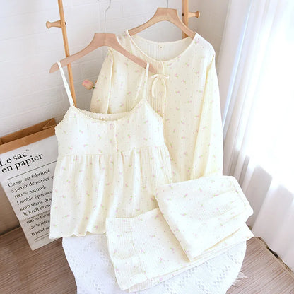 3 Piece Floral Ruffle Cotton Pj Set