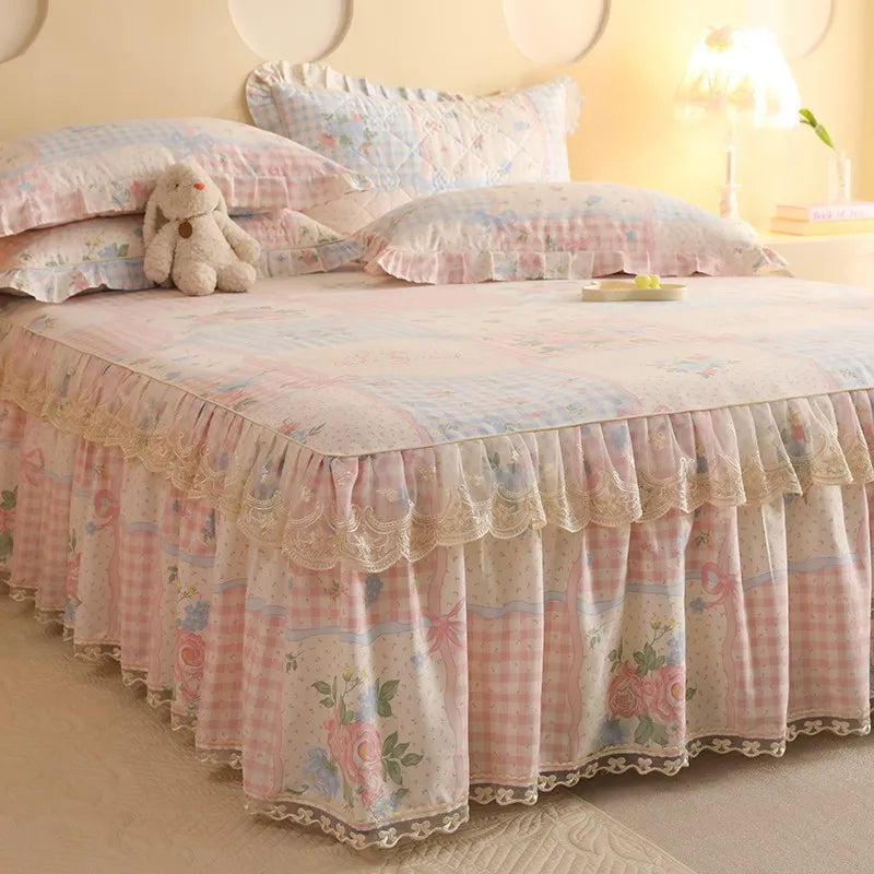 Bed with floral bedspread 