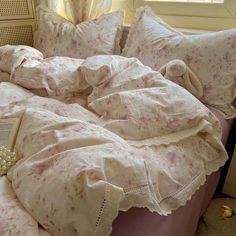 Floral Lace Trim Cotton Bedding Set Creative Femininity