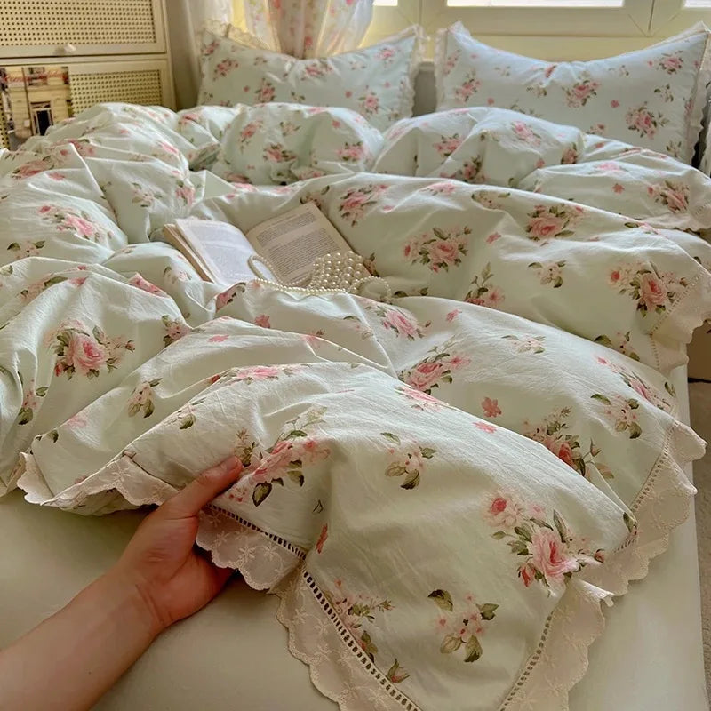 Floral Lace Trim Cotton Bedding Set Creative Femininity