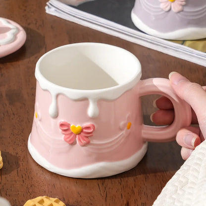 Hand Painted Cherry Cake Ceramic Cup with Lid