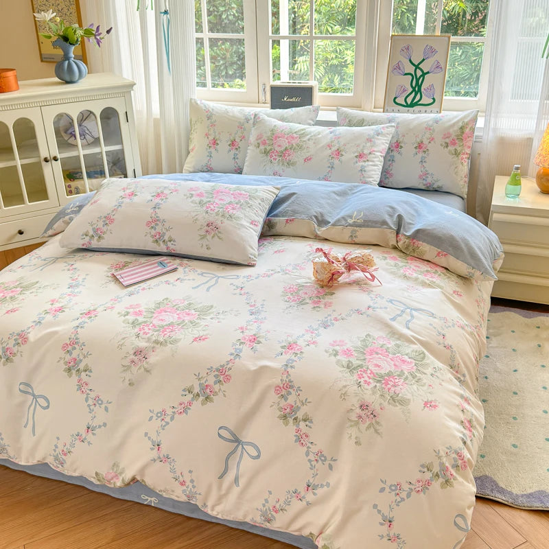 100% Cotton Rose & Ribbon Duvet Cover Set