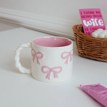 White Ceramic Mug With Pink Bows