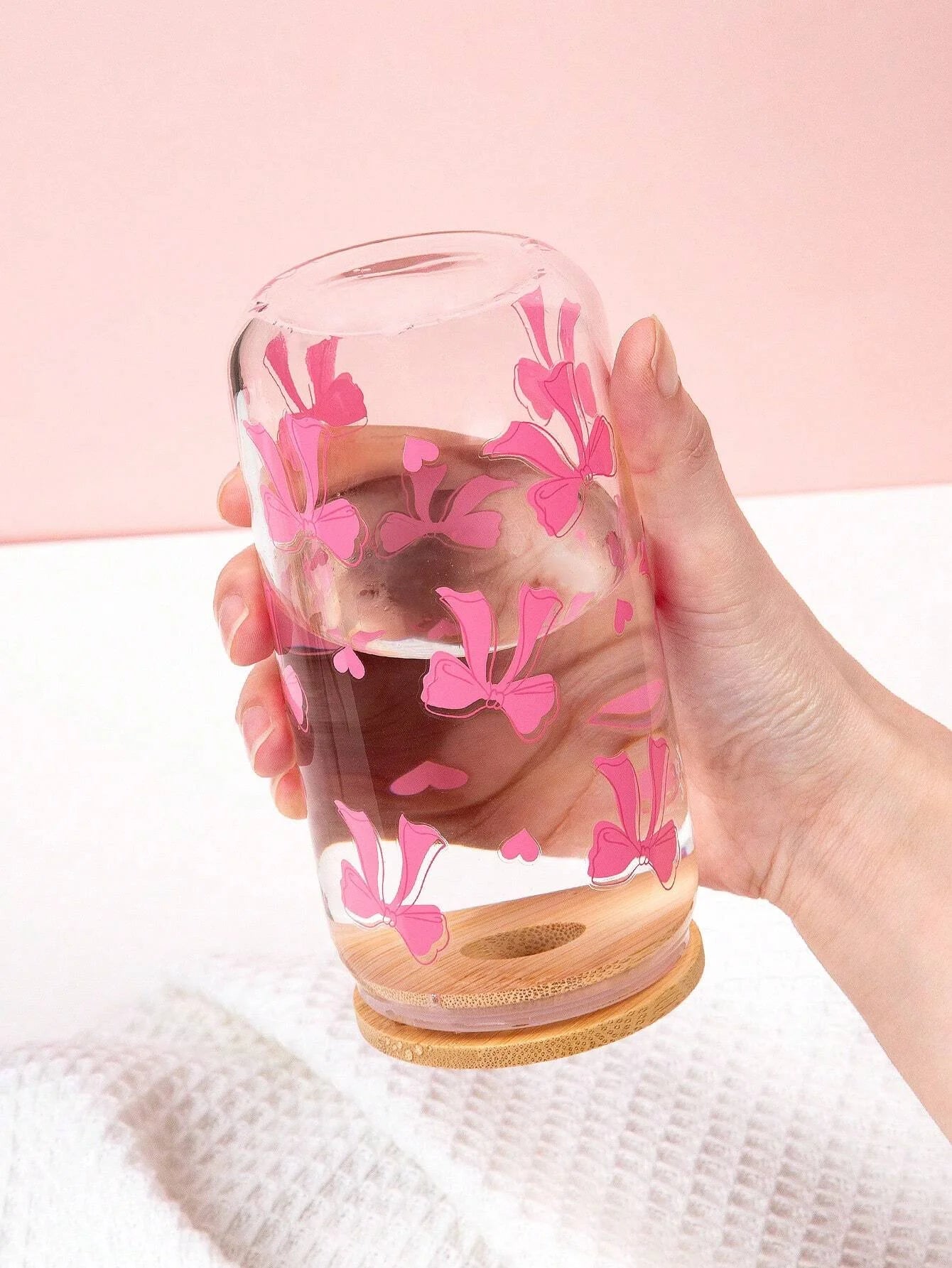 Pink Bow & Cherry Glass Cup With Lid & Straw