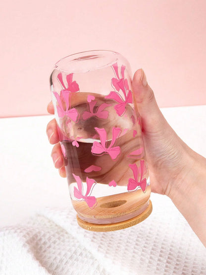 Pink Bow & Cherry Glass Cup With Lid & Straw