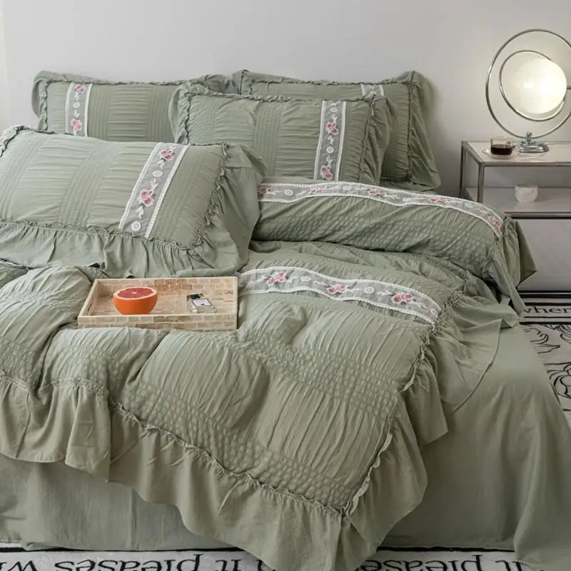 Pink Floral Embroidery Lace Ruched Bed Set