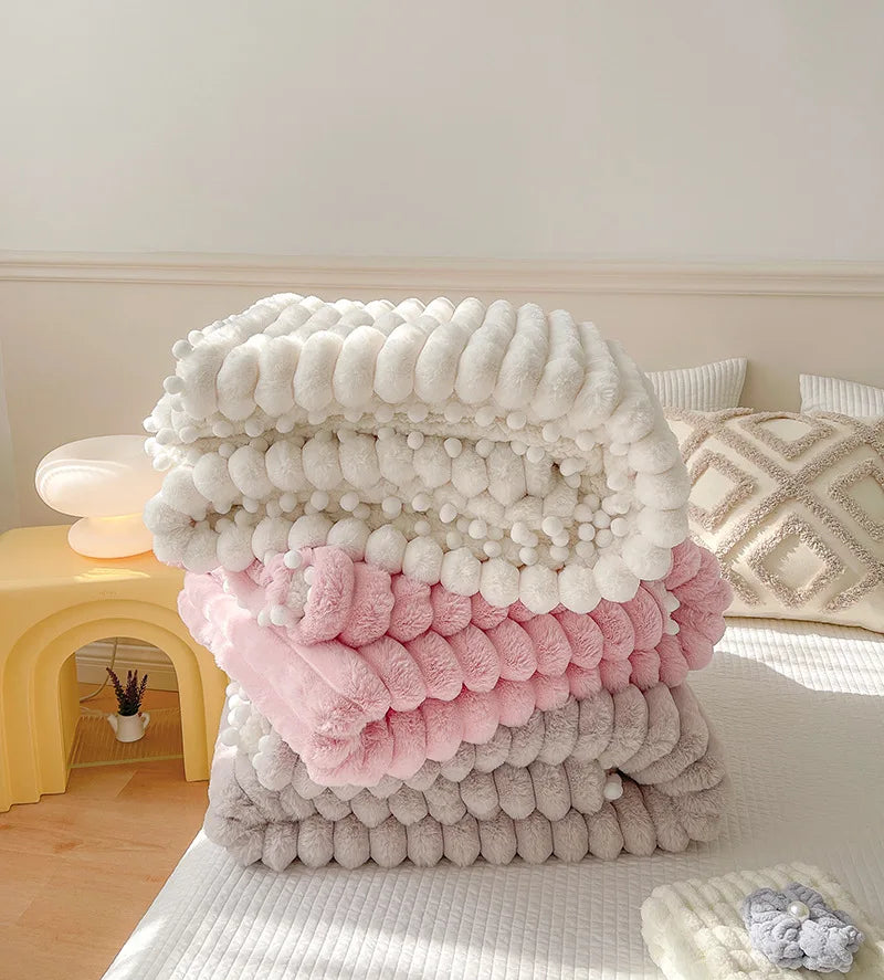 Pom Pom Plush Bed Throw - Cream/Pink/Grey