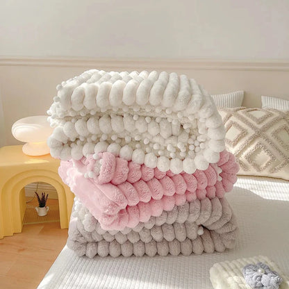 Pom Pom Plush Bed Throw - Cream/Pink/Grey