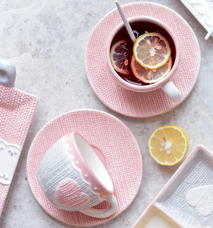 Pink Knit Heart Tea Cup And Saucer Set Creative Femininity