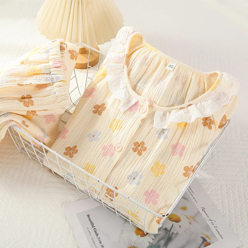 2025 New Spring/Summer Women's Pajama Set Pure Cotton Crepe Sweet and Cute Long Sleeve Long Pants Two Piece Home Clothes Creative Femininity