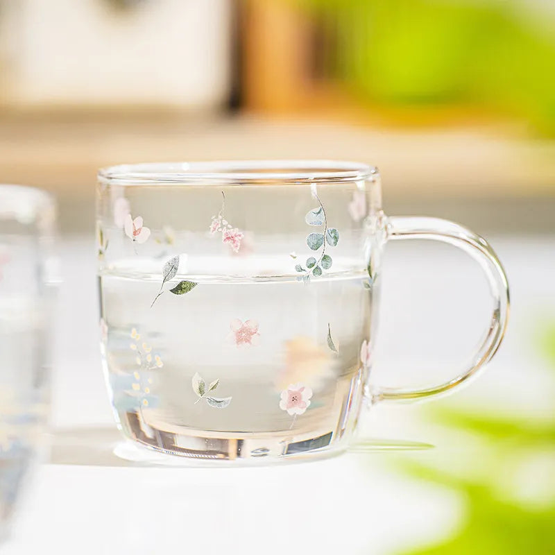 Transparent Glass Floral Cup With Handle