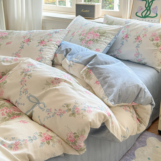 100% Cotton Rose & Ribbon Duvet Cover Set