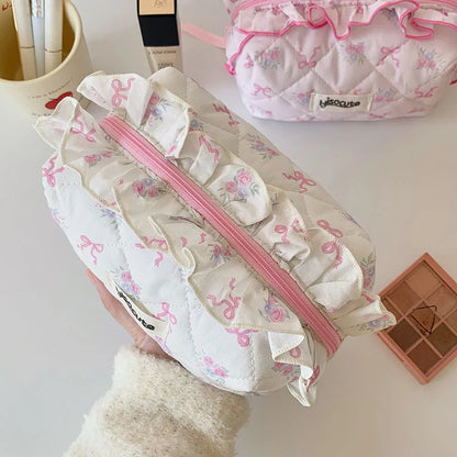 Quilted Ruffle Ribbon Cosmetic Bag