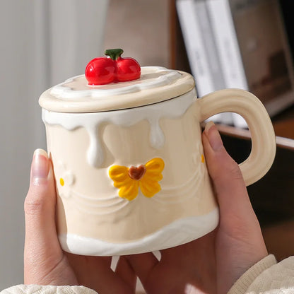 Hand Painted Cherry Cake Ceramic Cup with Lid