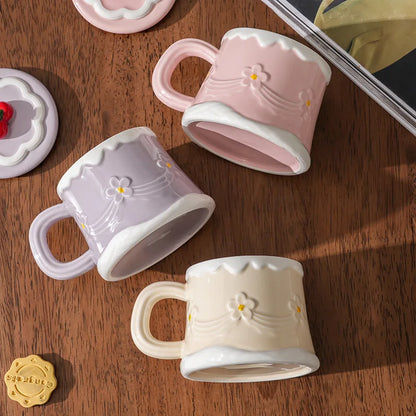 Hand Painted Cherry Cake Ceramic Cup with Lid