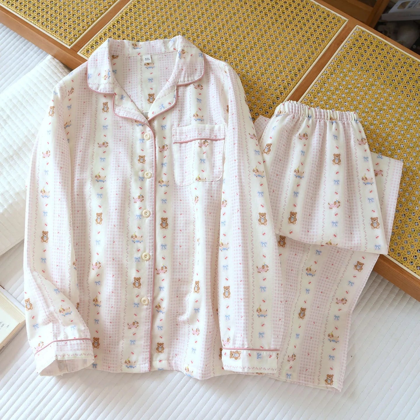 Women's Pink Teddybear & Bow Pyjama Set