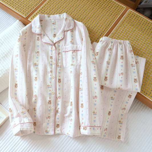 Women's Pink Teddybear & Bow Pyjama Set