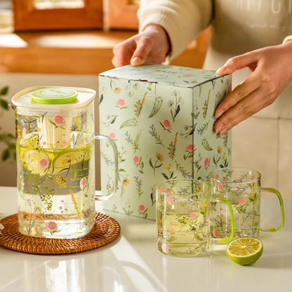 Floral Glass Jug & Cup Set