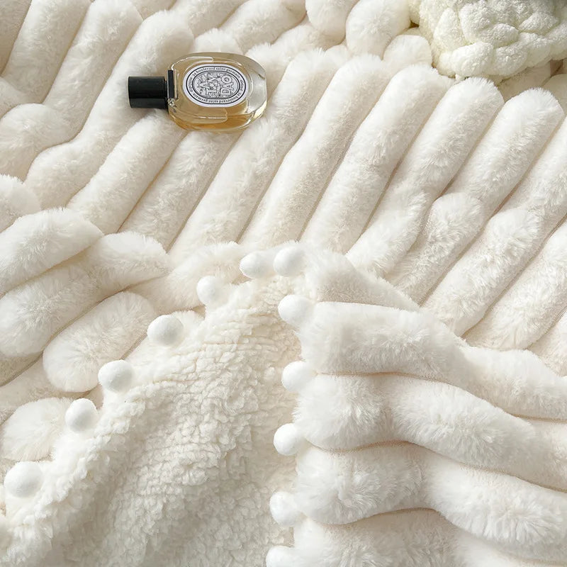 Pom Pom Plush Bed Throw - Cream/Pink/Grey