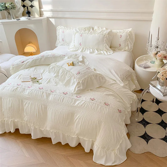 Pink Floral Embroidery Lace Ruched Bed Set