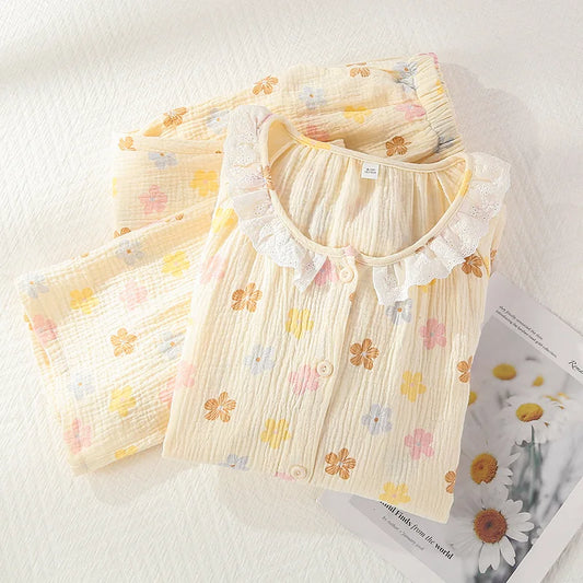 Women's Pyjama Cotton Crepe Sweet and Cute Long Sleeve Long Pants Creative Femininity