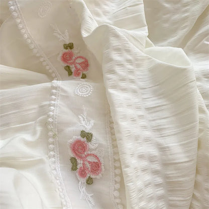 Pink Floral Embroidery Lace Ruched Bed Set