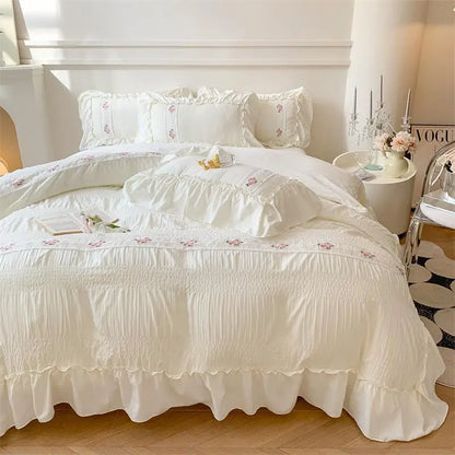 Pink Floral Embroidery Lace Ruched Bed Set