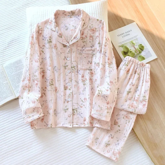 2026 New Women's Spring and Autumn Pajama Set 100% Cotton Crape Cloth Flower Collar Long Sleeve Two Piece Set Large Home Clothes Creative Femininity