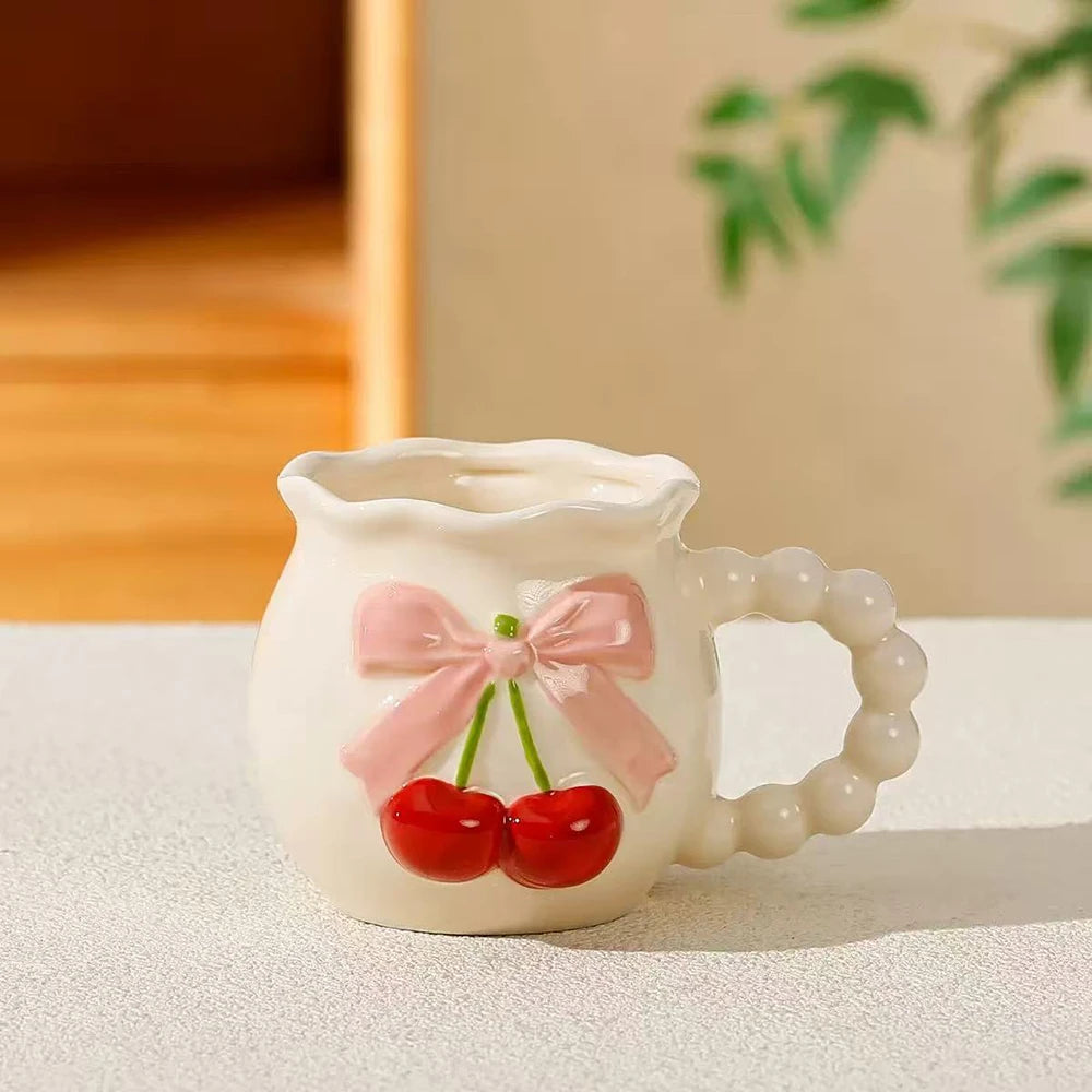 Pink Cherry Bow Ceramic Mug Creative Femininity